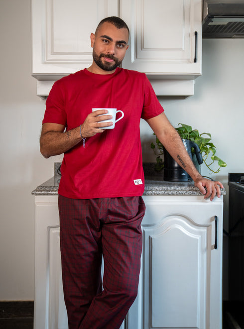 Men summer pajama set Dark Red T-shirt + Black X Dark Red Checkered Pants